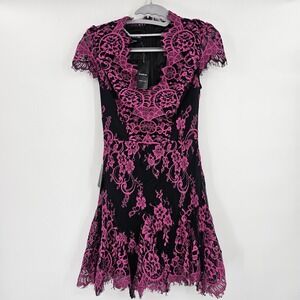 NEW BEBE Valorie Lace Godet Dress Size 0‎ Pink Black Lined Short Juniors Party